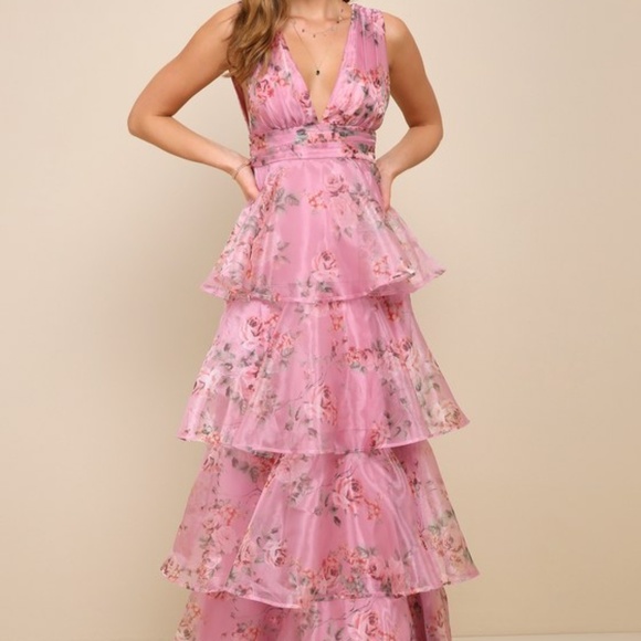 Lulus Dresses & Skirts - Lulus Garden Radiance Pink Floral Print Organza Tiered Maxi Dress - Size S